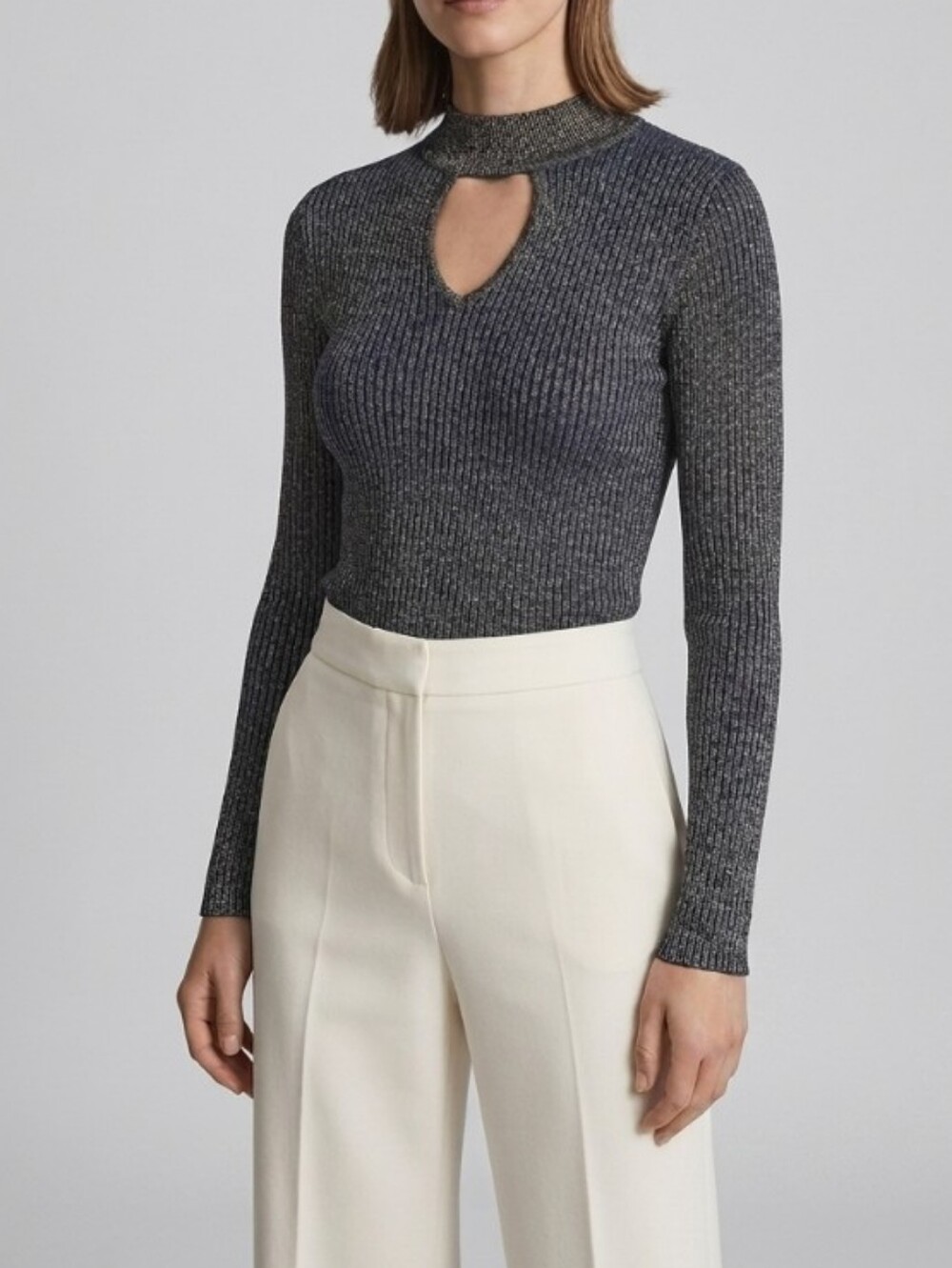 Belldini Ribbed Lurex Shimmer Keyhole Choker Sweater Navy Gold S NWT